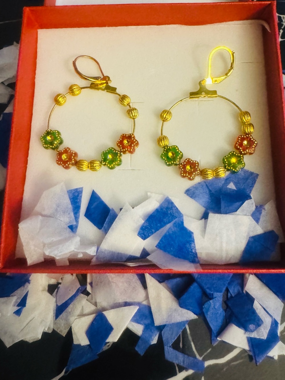 Gold Hoop Earrings with Green and Orange Floral Beads